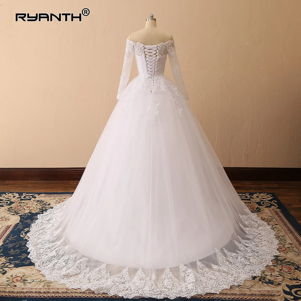 Robe de mariage Vestido de Noiva дешевый с длинным рукавом Кружевное бальное платье свадебное платье со шнуровкой блестящее свадебное платье для принцессы