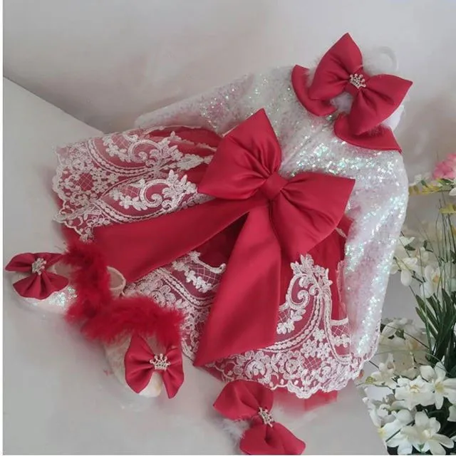 Cute Long Sleeve White Lace Red flower girl dresses with Bow baby Birthday Party Dress toddler girl pageant dress ball gowns