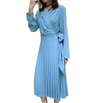 

Korean Suit Collar Ladies Chiffon Patchwork Dress 2019 Spring New Long Sleeve Fashion Bow Runway Pleated Dress Vestido Robe f676