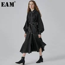 [EAM] женское платье с большим карманом, необычное, новинка, отложной воротник, длинный рукав, бандаж, свободный крой, мода, весна-осень JY843