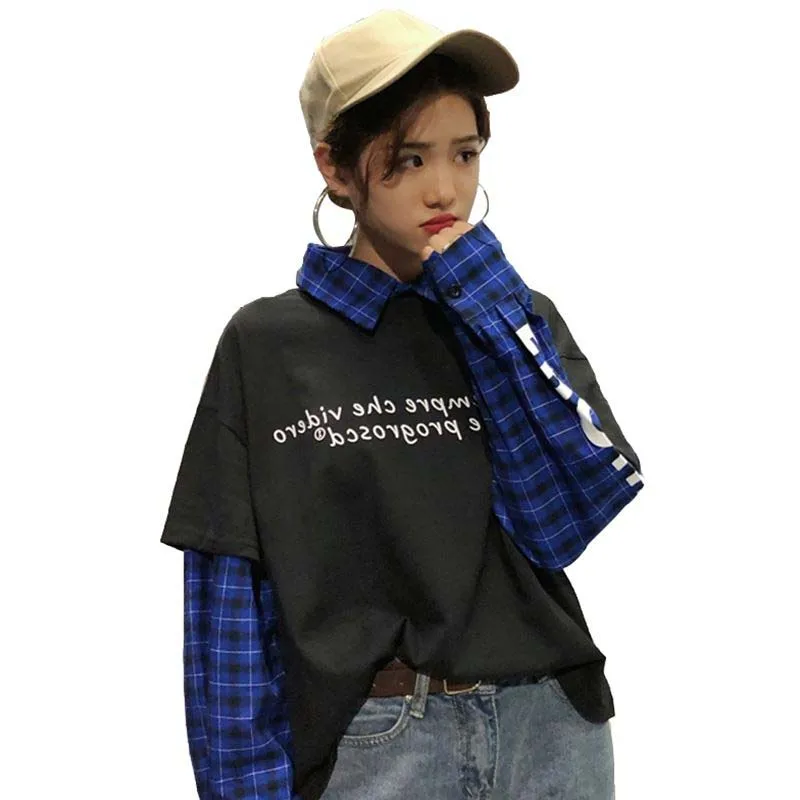 

NiceMix Spring Harajuku Sweatshirt Women Patchwork Pullovers Fake 2 Pieces Print Letters Plaid Jumpers Pull Femme Jersey Mujer