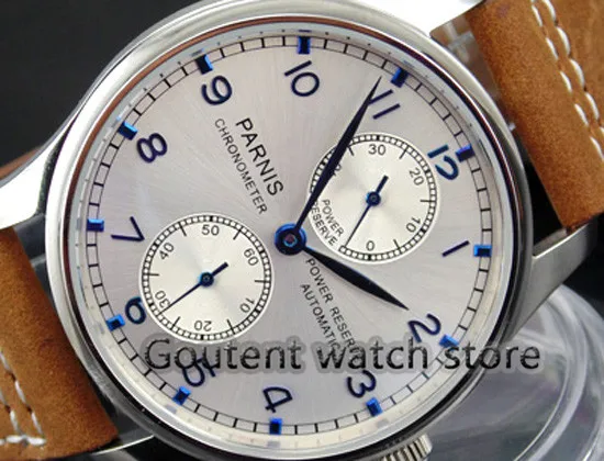 

43mm PARNIS Men's Watch Reserve Folding Clasp ST2542 Automatic Movement Silver Dial Blue Hands Wrist Watch Men
