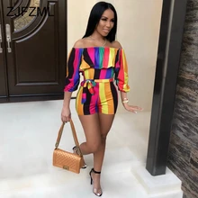 Off Shoulder Rainbow Striped Sexy Bodycon Playsuit 3/4 Lantern Sleeve Floral Print Rompers Womens Club Ruffles Sashes Jumpsuits