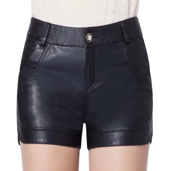 

Shorts Women Autumn Winter New Arrival Europe America PU Leather High Waist Shorts Slim Black Color Plus Size 26-33
