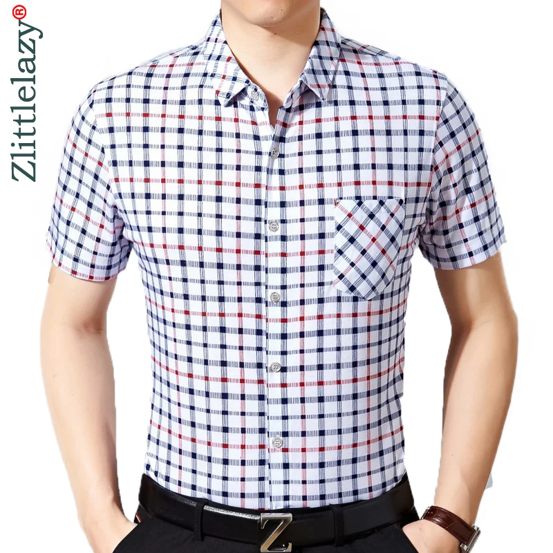 

2019 summer short sleeve men shirt plaid dress casual slim fit social clothes luxury shirts mens male fashion high quality 0612