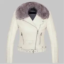 2018 Горячие Для женщин Зимняя теплая куртка из искусственной кожи с меховой воротник Женская мотоциклетная верхняя одежда