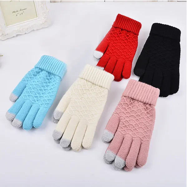 Модные зимние теплые Vogue однотонные вязаные перчатки на полный палец рукавицы для смартфонов сенсорные зимние теплые аксессуары