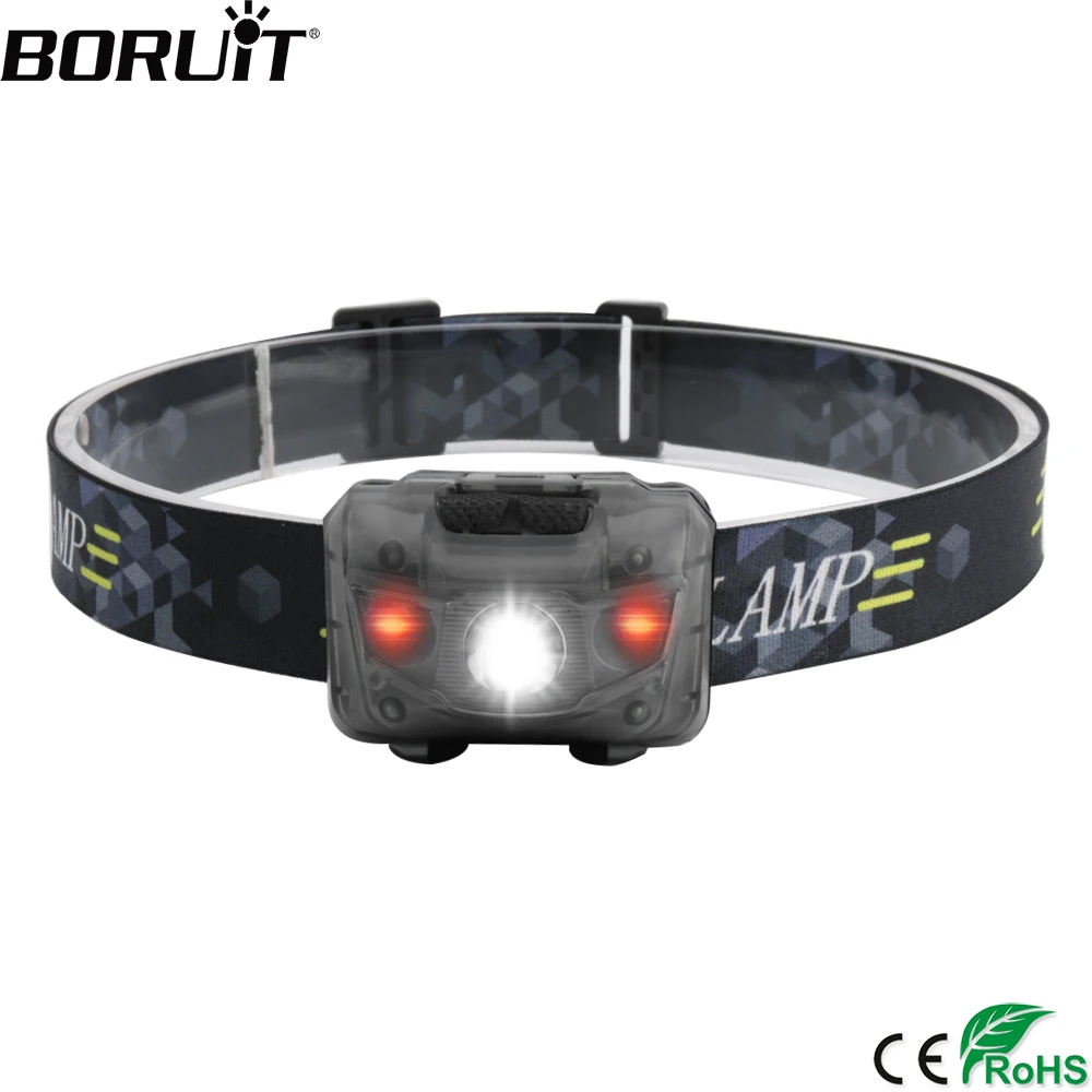 

BORUiT Powerful XPE LED Mini Headlight 5 Modes Red Side Light Headlamp Use AAA Battery Flashlight Waterproof Hunting Head Torch