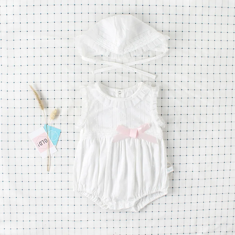 

Summer Newborn Baby Girl Clothes White Lace Infant Bodysuit + Caps Outfits Soft Cotton Toddler Princess Onesie Children Jumpsuit