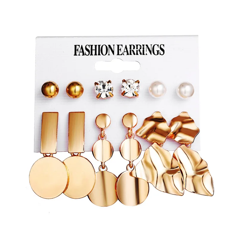 

6 Pairs/lot Gold Color Irregular Metal Stud Earrings Set Mix CZ Stone Geometry Earings For Women Modern Mashup Ear Accessories