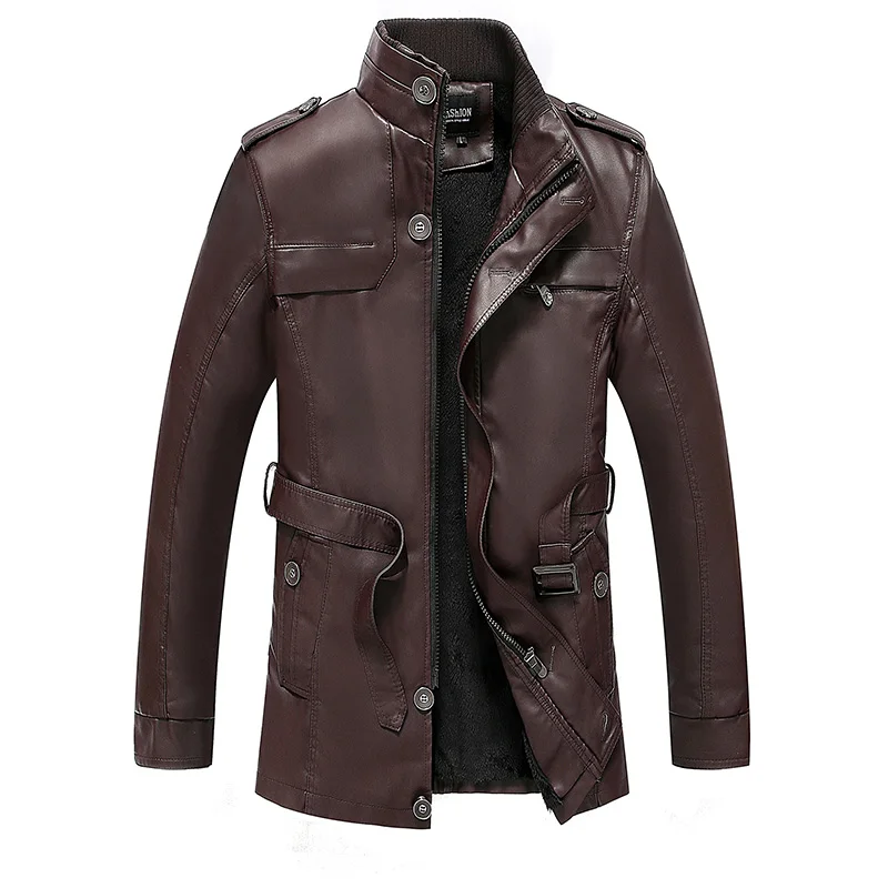 Riinr Men Leather Jacket Winter Bomber Jacket Autumn Military Fleece Jacket Coat Motorcycle Windbreaker EUR Size PU Leather - Цвет: WINE RED