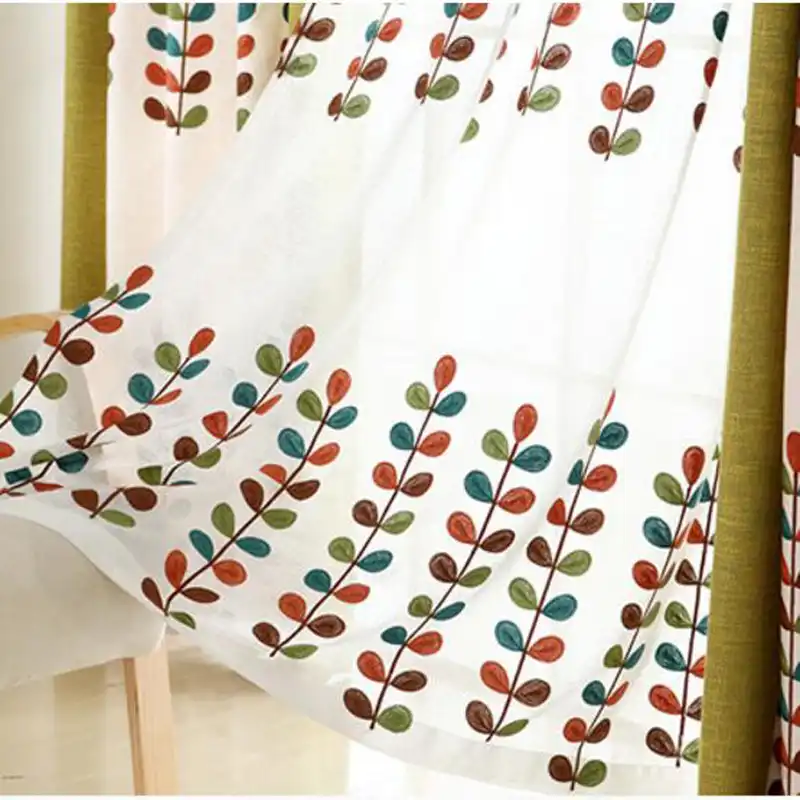 Pastoral White Cotton Line Embroidered Leaves Voile Sheer Curtains
