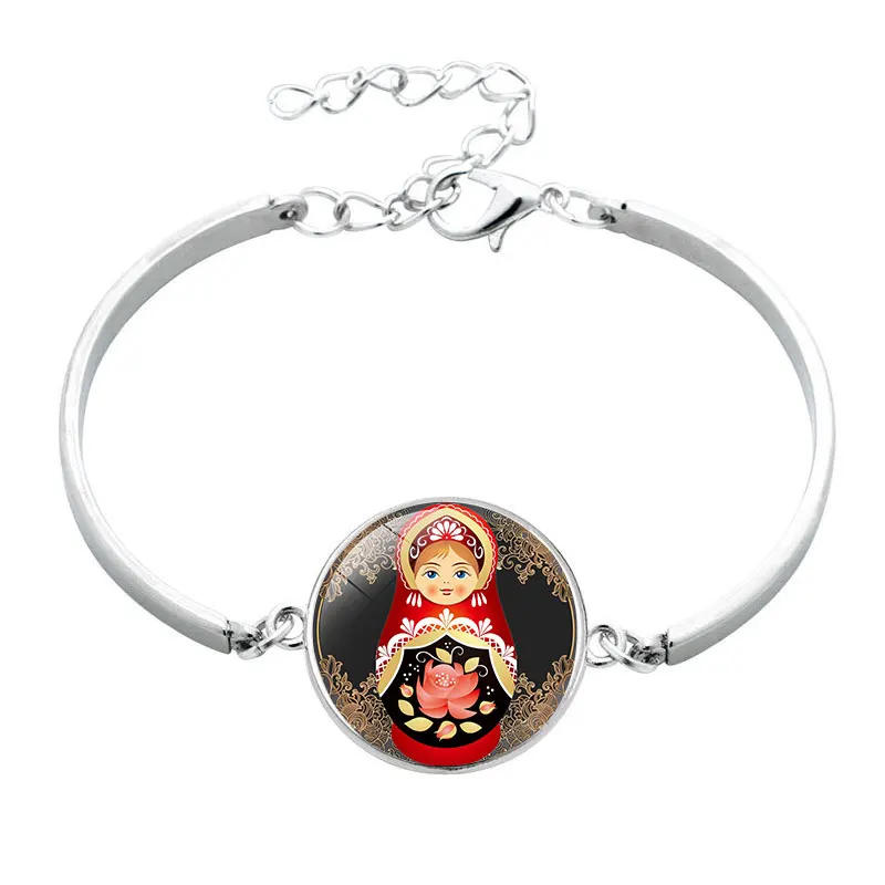 

New Tradition Russian Doll Picture Silver Chain Bangle Glass Cabochon Charm Bracelet Fashion Jewelry for Women Girls Gifts