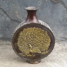 Сбор Винтаж династии Цин ручной работы Китайский Медь Резные золото позолоченный павлин ваза для птиц