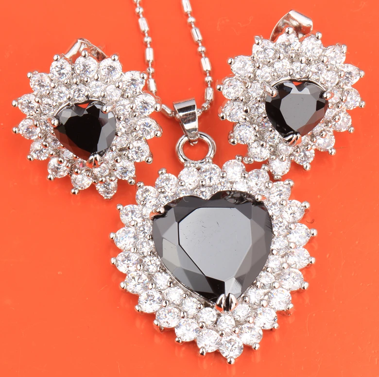 

Love Heart Perfect Black White 925 Sterling Silver Jewelry Sets Earring Pendant Ring S8183