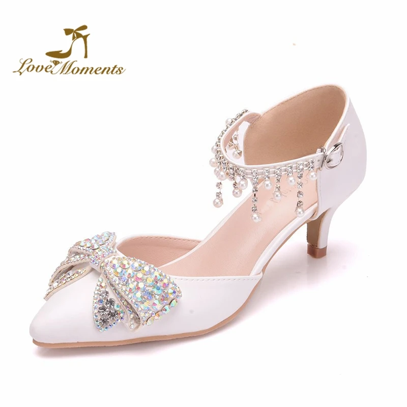 2019 Lady Fashion Shoes 2 Inches Low Heel Wedding Shoes Pointed Toe Summer Sandals Rhinestone Bowtie Women Buckle Straps Pumps