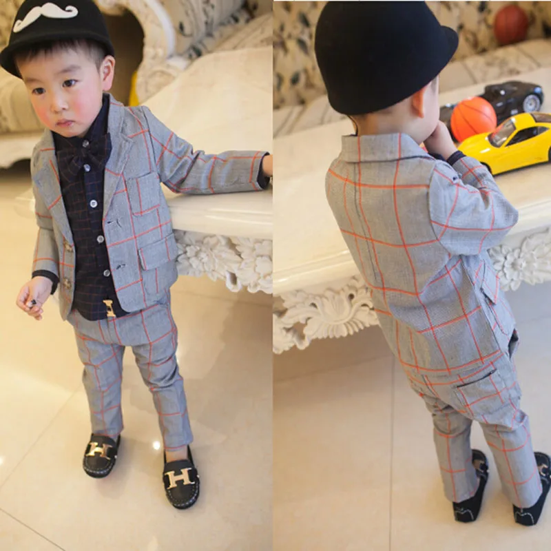 

2018 New Children Set England Style Kids Plaid Clothes Gentleman Boys Party Wedding Suits Baby Formal Long Sleeve 2 Pieces Sets