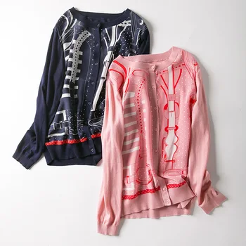 

New women s clothing wind spot chain belt buckle printed silk small knitted cardigan