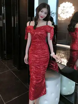 

Halinfer 2019 new summer women dress sexy bodycon slash neck Bow bandage dress elegant celebrity party red dresses vestidos