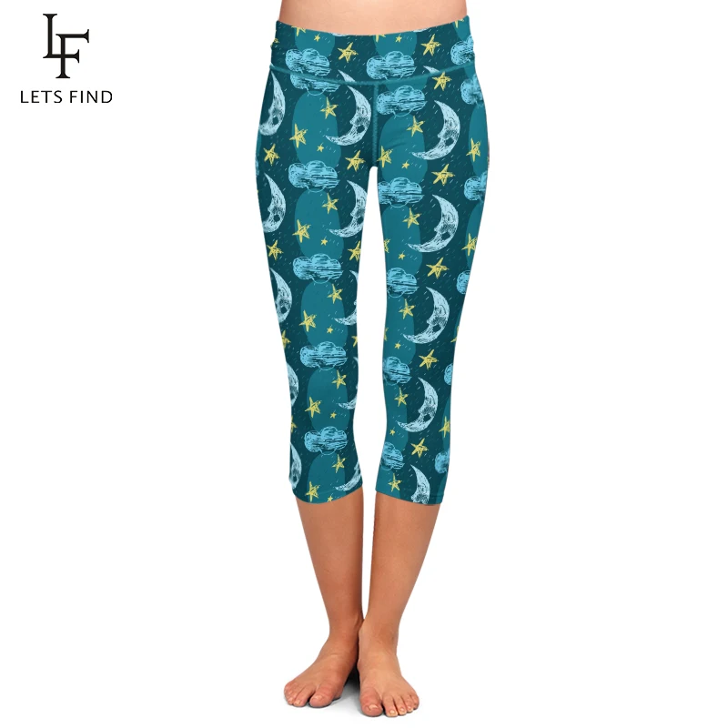 LETSFIND Summer High Elastic Capri Leggings Stars and Moon Print High Waist Plus Size Mid-Calf 3/4 Stretch Casual Leggings LETSFIND Summer High Elastic Capri Leggings Stars and Moon Print High Waist Plus Size Mid-Calf 3/4 Stretch Casual Leggings