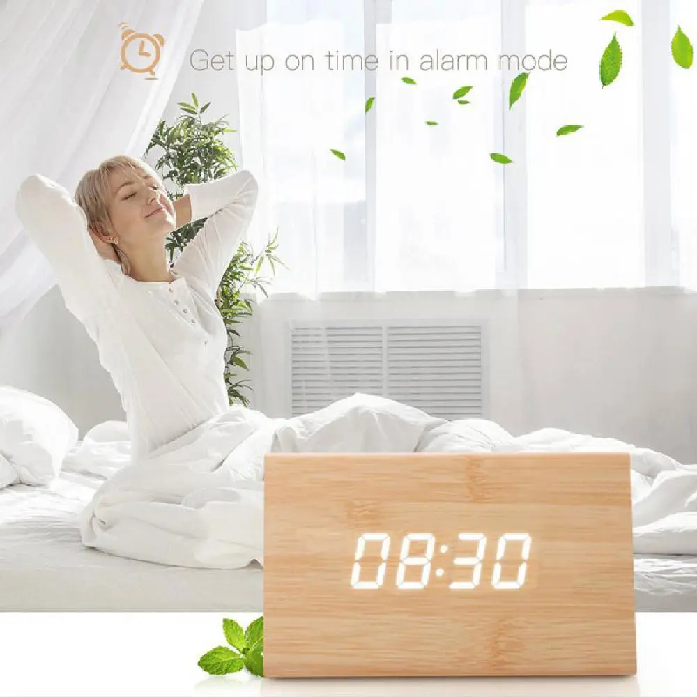 

Wooden LED Temperature Control Electronic Clock Sound Control Digital LED Display Desktop Creative Wooden Table Clock