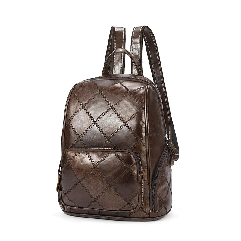 Retro Ladies backpack Zipper Leather Cowhide Backpack Handmade Sewing Rhombus Checkered Backpack For Women