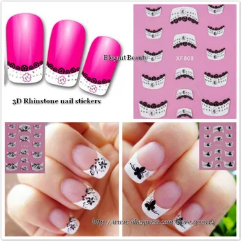 

wholesale High Quality 3D lace black & white Nail Art seal French tip with Rhinstone 3D nail sticker 500packs/lot free shipping