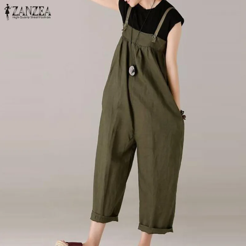 

ZANZEA Fashion Summer Jumpsuits Women Straps Combinaison Pants Solid Cotton Linen Rompers Casual Overalls Bib Dungarees Oversize