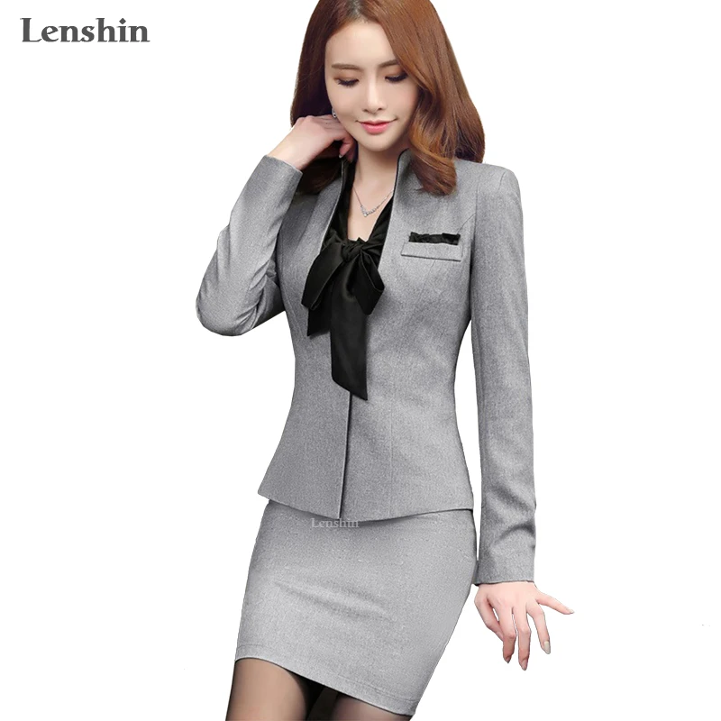Lenshin Fall winter fashion women V neck skirt suits career Office Lady