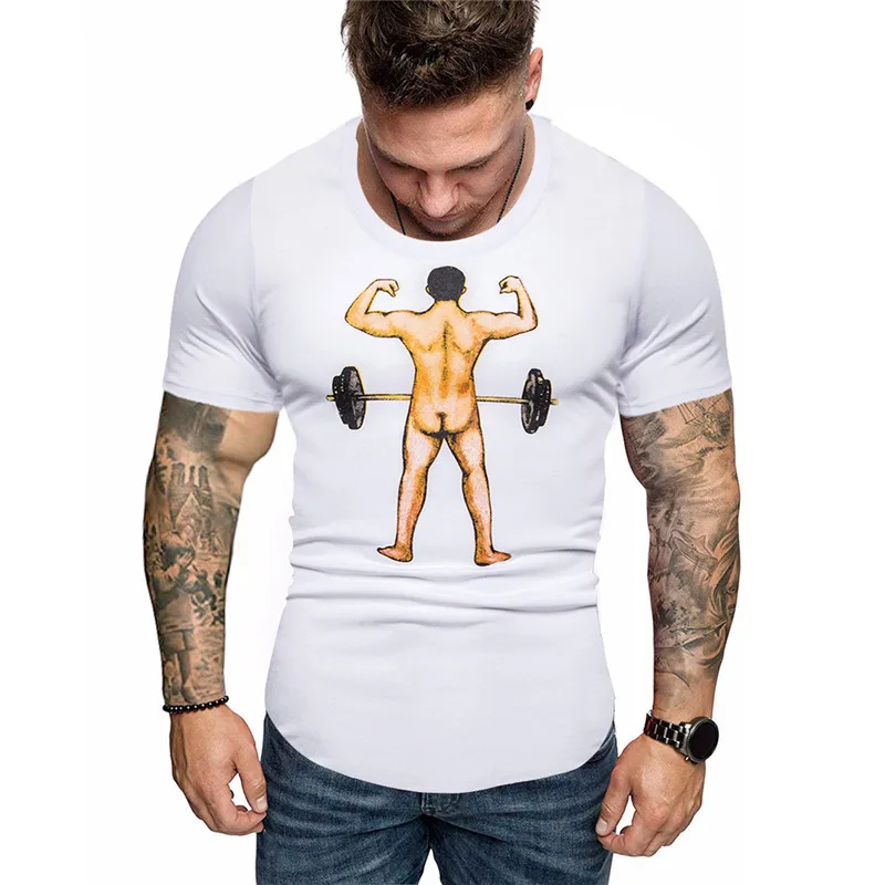 Lanqiao مضحك الاثقال الرجال t قميص كم قصير نحيف التي شيرت لفصل الصيف 2019 س الرقبة طباعة قمم المألوف المحملات