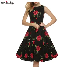 Oxiuly Summer Women 60s Tunic Casual Vintage Rose Flower Printed Slash Neck Sleeveless Prom Vestidos Black