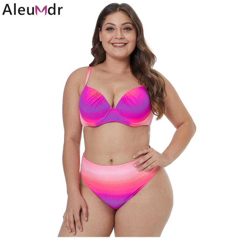 

Aleumdr Bikini Set 2019 Two Piece Beachwear Rose Gradient Color Plus Size Swimwear Biquini Mujer Bathing Suit Big L-3XL LC410939