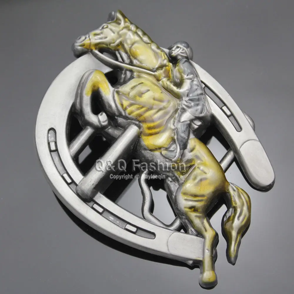 Men Jewelry Belt Buckle Jockey Race Horse Hurdles Horseshoe Western