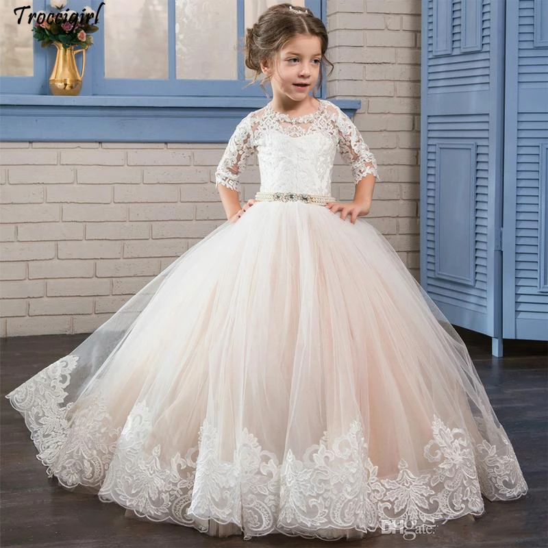 

2019 Puffy Kids Prom Graduation Holy Communion Dresses Half Sleeves Long Pageant Ball Gown Dresses For Little Girls Custom Made