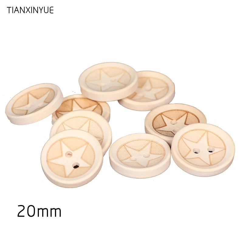20mm Star Wood Button Sewing Scrapbooking Two Holes Natural Wood