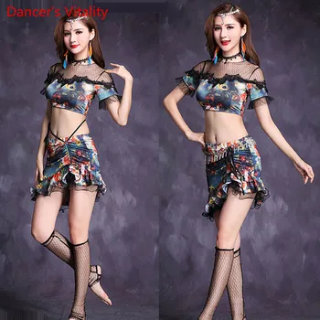 

wholesale Girls Fashion Suit Short SLeeves printing Top+Short Skirt 2pcs Belly Dance Set M,L,XL