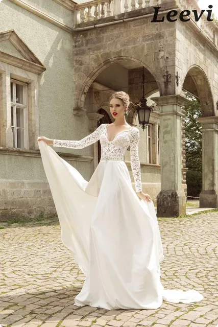 Vestidos De Noiva Manga Longa V Neck Vintage Elegant Chiffon Vestidos De Noiva Manga Longa V Neck Vintage Elegant Chiffon Bohemian Lace Wedding Dress Beach Long