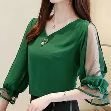 2019 roupa das mulheres gola v verde mulheres camisas tops e blusas das mulheres