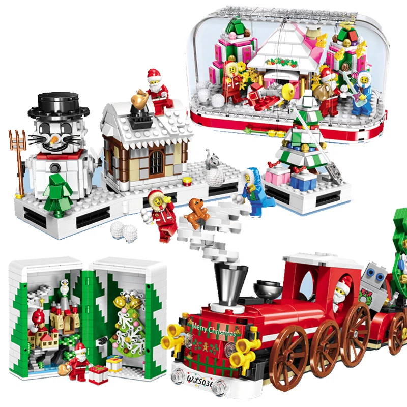 

2019 Crystal Box Santa Village Train Model Building Kits Blocks Compatible Legoings Bricks Kids Christmas Gifts Box