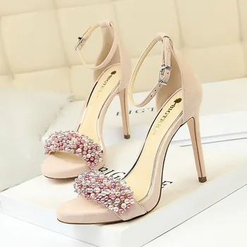 

sexy banqueting women's shoes with thin heel and super high heel waterproof platform suede pearl rhinestones with sandals