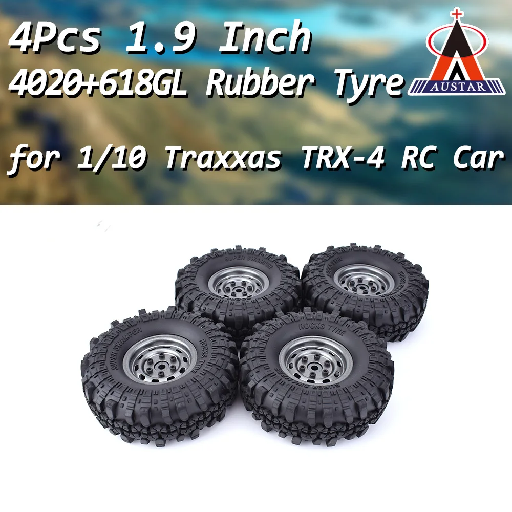 

4pcs AUSTAR 1.9 Inch 110mm 4020+618GL Rubber Tires Tyre Metal Wheel Rim Set for 1/10 TRX-4 SCX10 RC4 D90 RC Crawler Car