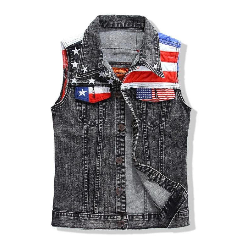 Flag Patch Grey Denim Vest Coat Men Vests 2015 Brand Coats Mens Patchwork Men's Cowboy Waistcoat