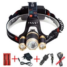 3 CREE XM L T6 светодиодный налобный фонарь 9000 люменов светодиодный головной фонарь походный свет Рыбалка Открытый+ 2*18650 батарея+ Автомобильное зарядное устройство