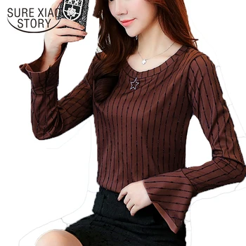 

2019 autumn new female long sleeve blouse office lady full o-neck women tops flare sleeve slim shirt C952 30