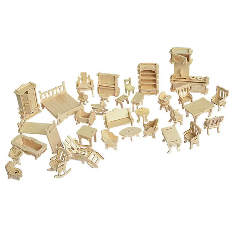 34 قطعة/المجموعة 1:24 دمية مصغرة اثاث الأطفال التعليمية خشبية دمية أثاث لعبة ، 3d لغز أطقم منمذجة عيد الميلاد لعبة