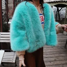 Стильная длинная пушистая меховая короткая куртка с круглым вырезом из искусственного лисьего меха, зимняя женская Свободная Шуба с длинным рукавом из искусственного меха, верхняя одежда небесно-голубого цвета