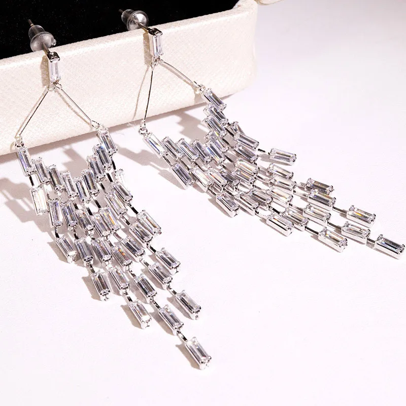 

WIN-B Fashion Women Stylish White Gold Color Streamlined Tassel Long Crystal Earrings bijoux Women Girl Jewelry Pendante Femme