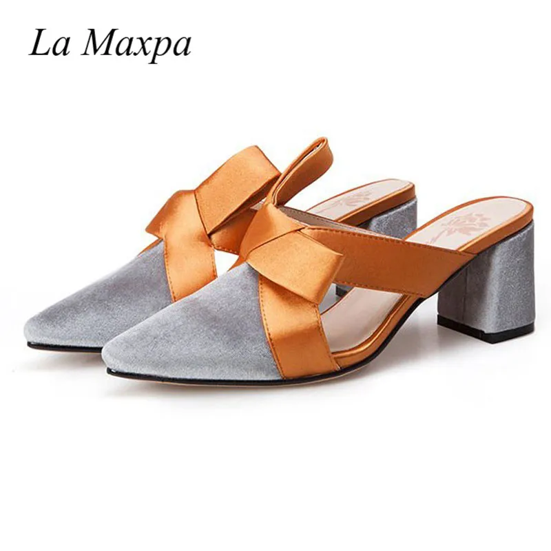 

La maxPa Women Shoes High Heeled Slippers 6cm Thick Heel Pointed Toe Bow Mules Elegant Butterfly-knot Cut Out Slides Size 35-39