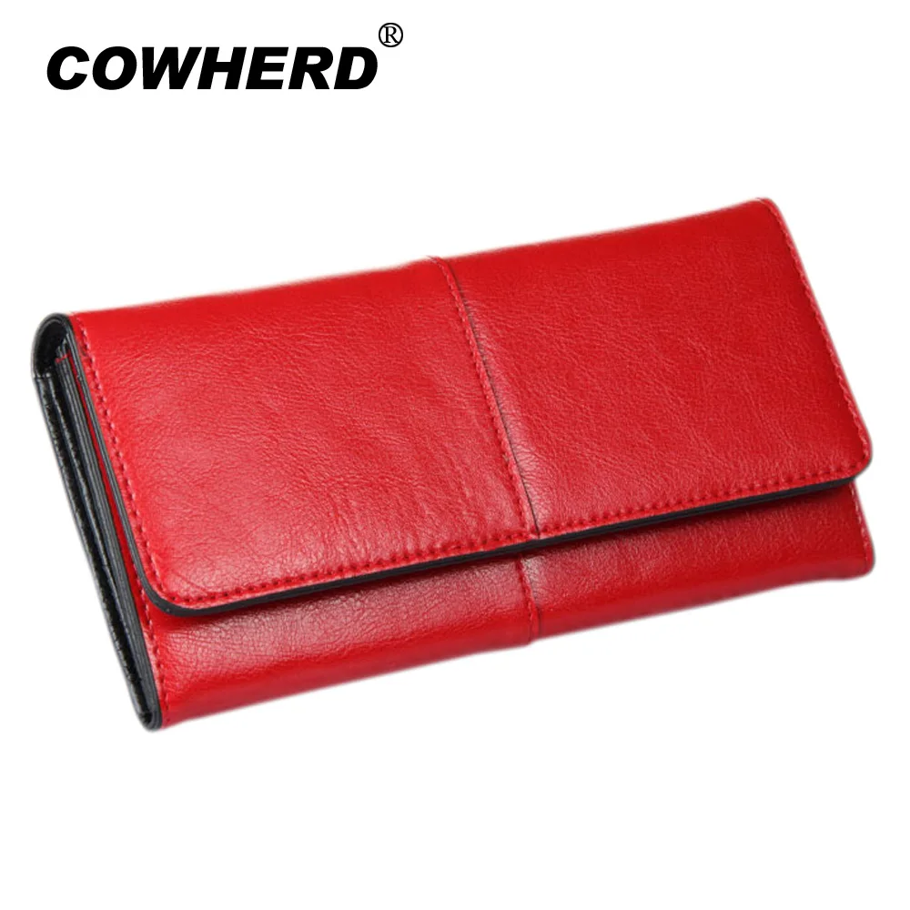 COWHERD Women Clutch Wallets 100% Genuine Cow Leather Wallet Fashion Patchwork Lady Red Long ...