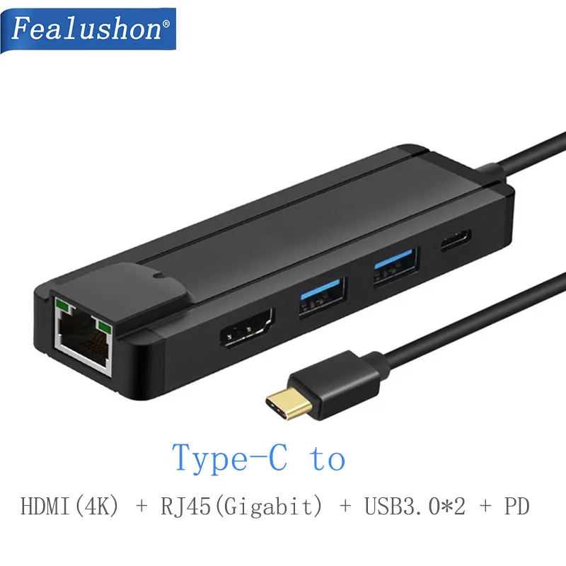 

Fealushon Docking Station Type C to HDMI USB3.0 RJ45 Gigabit PD Hub for Laptop Macbook Pro HP DELL Surface Lenovo Samsung Dock